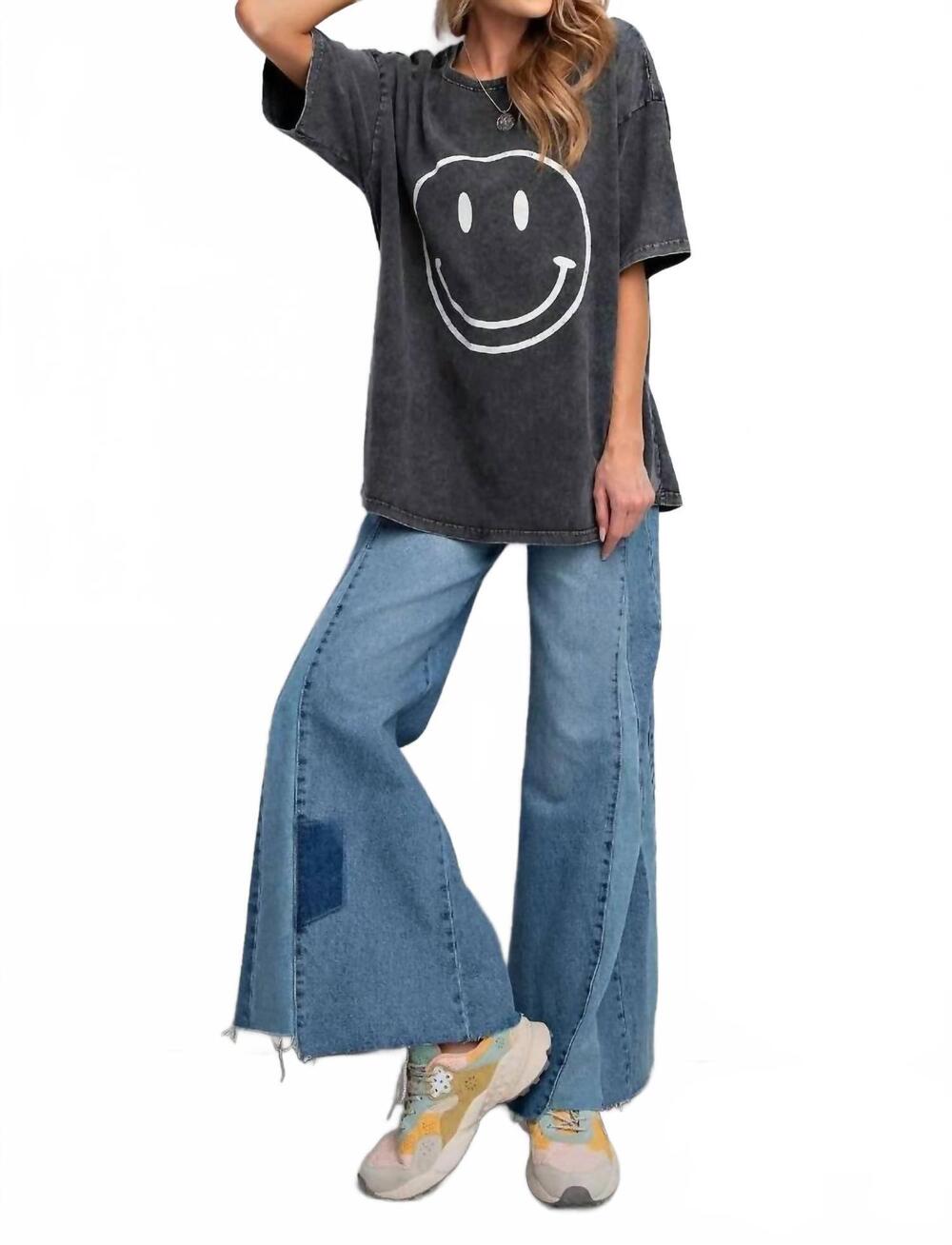 NEW EASEL mineral wash smiley happy face top in black